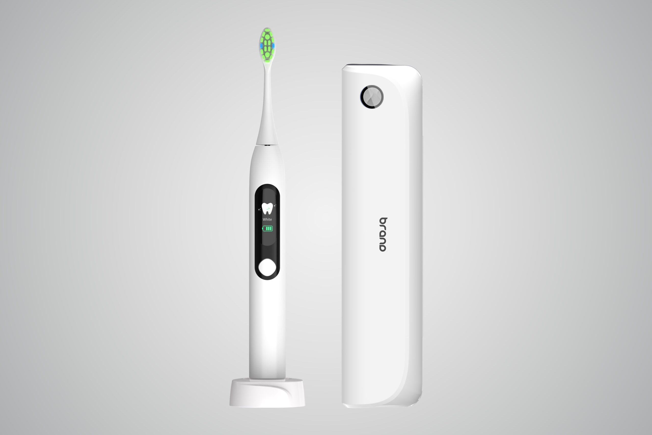 An electric toothbrush on its charger next to a travel case