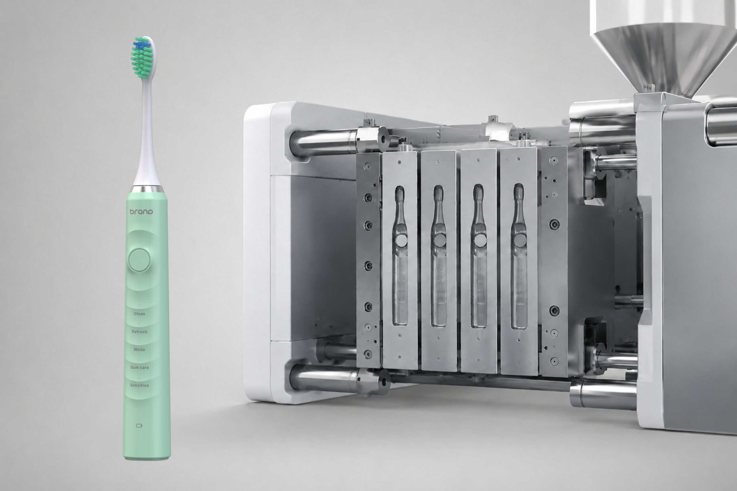 Injection molding machine producing electric toothbrush handles