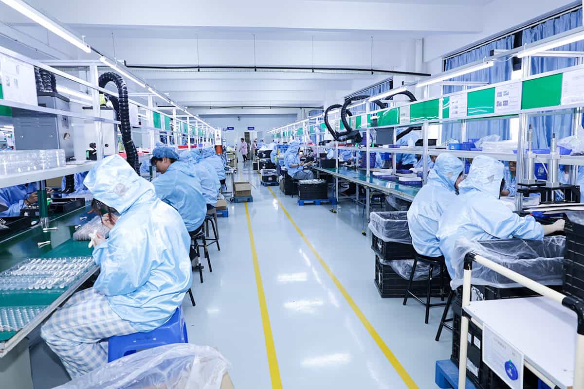 An assembly line for electronic products inside a modern, clean factory in China