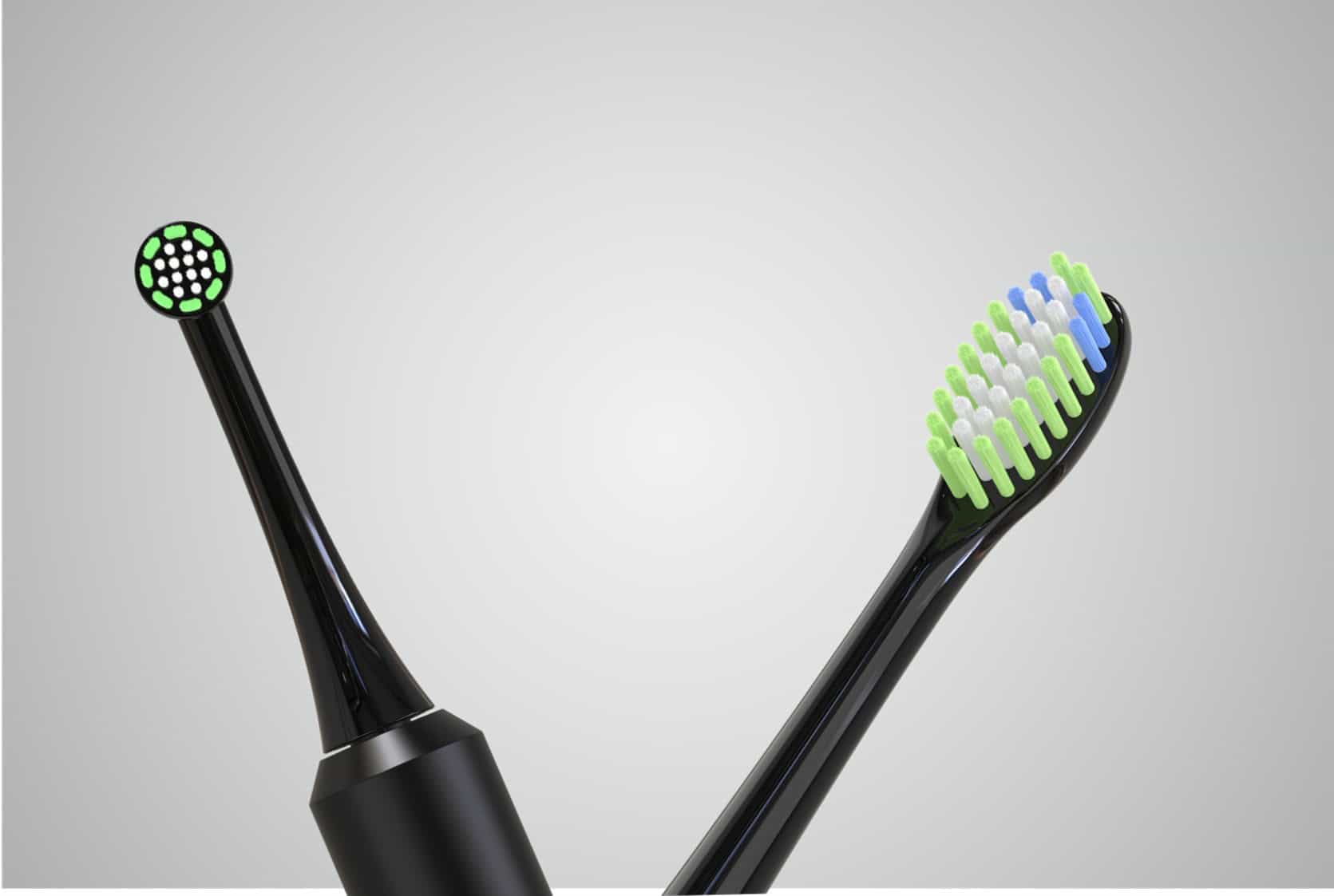 An image showing a rotating toothbrush head next to a vibrating (sonic) toothbrush head